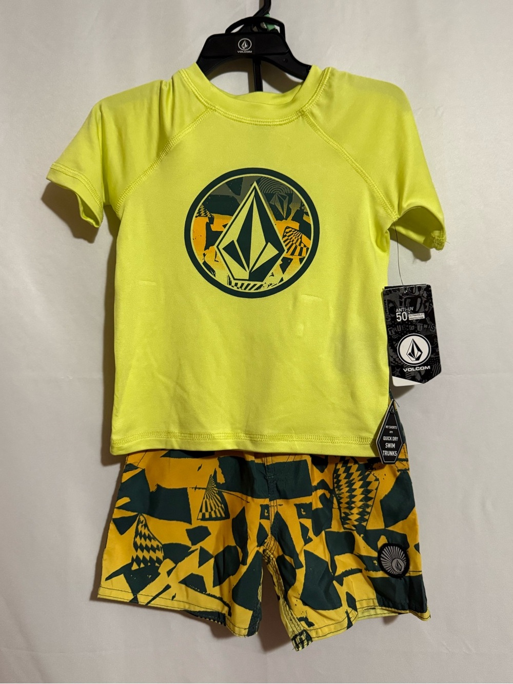 Volcom 2-Piece Swim Set Boy 18M Green/Yellow Geometric Logo Shirt Trunks